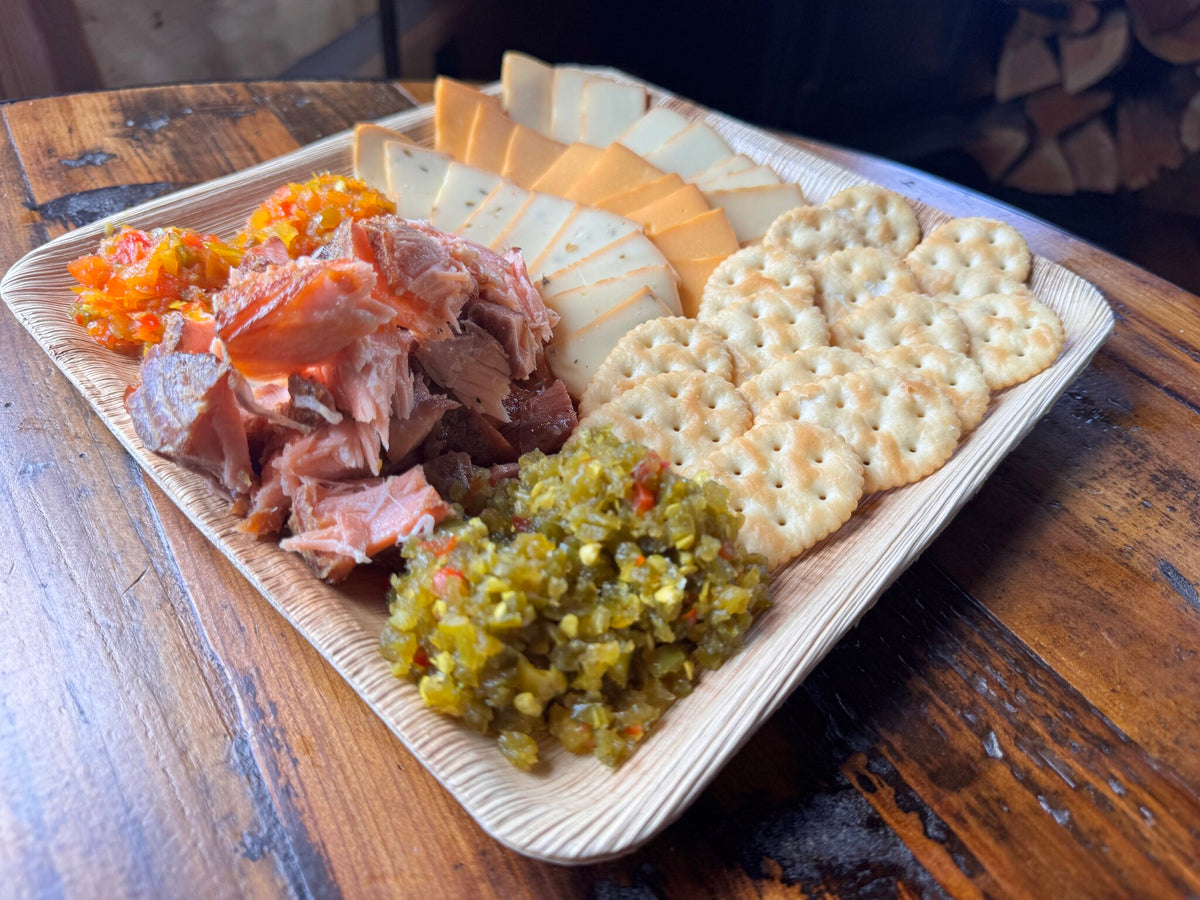 Smoked Plate Large: smoked salmon, three smoked cheeses, Campfire Candy and crackers