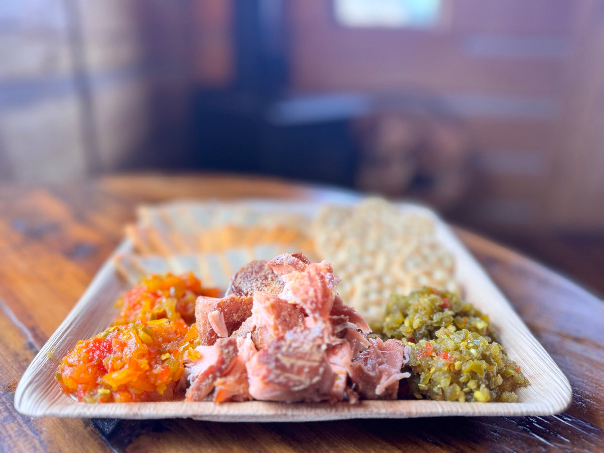 Smoked Plate Small: smoked salmon, cheese, Campfire Candy and crackers