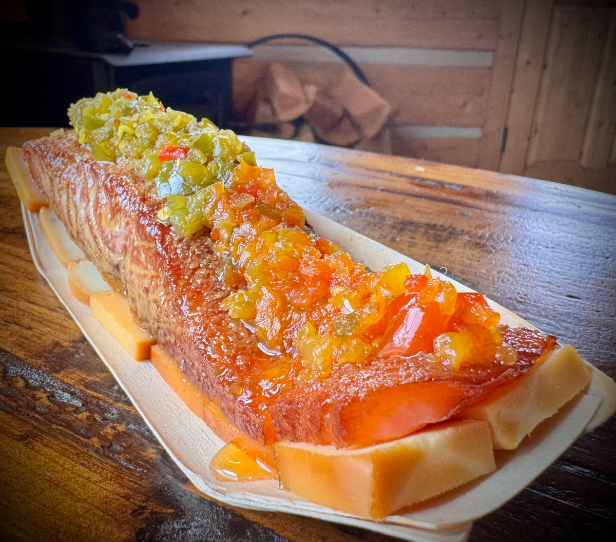 Smoked Boat: smoked salmon on a bed of smoked cheese with Campfire Candy