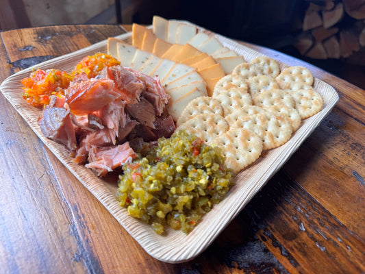 Smoked Plate Large: smoked salmon, three smoked cheeses, Campfire Candy and crackers